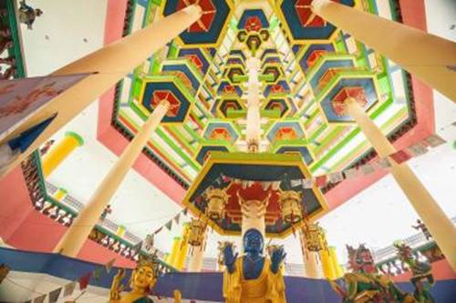 <b>Ornate ceiling:</b> A interior view of the 13-storey Medicine Buddha pagoda as seen from the ground floor.