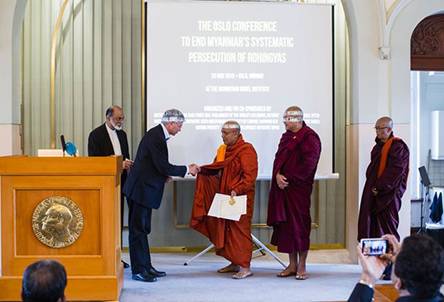 U Withudda, U Seindita and U Zawtikka receive their awards in Oslo last week. (Photo: Maung Zarni / Facebook)