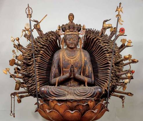 <i>Seated Thousand-armed Kannon Bosatsu</i> from Fujiidera temple in Osaka, 8th century. From tokyoheadline.com