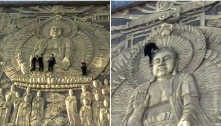 Tourists under attack for trampling on ancient Chinese temple sculpture