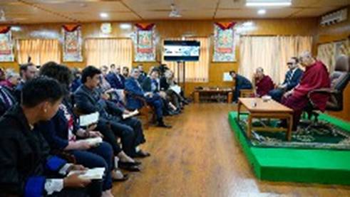 Description: A student from Washington State asking His Holiness the Dalai Lama a question during their program in Dharamsala, HP, India on November 11, 2019. Photo by Ven Tenzin Jamphel