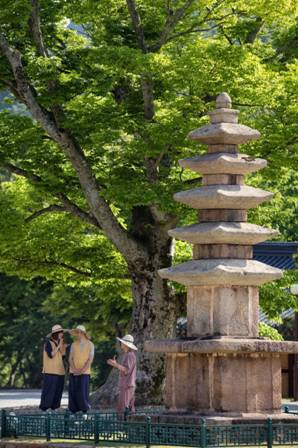 Description: A Buddhist monk speaks with two Templestay participants near a stone pagoda at Dogapsa, a temple in Yeongam, South Jeolla Province, in this 2018 photo from the Cultural Corps of Korean Buddhism. (Cultural Corps of Korean Buddhism)