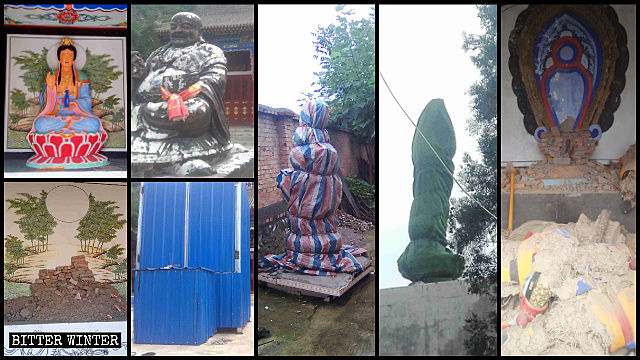 Description: The destroyed Buddhist statues from the Sanguan Hall