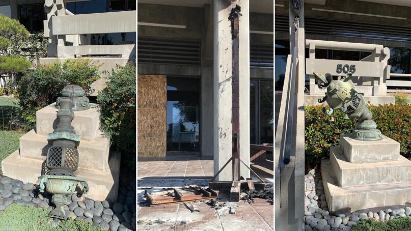 Recent vandalism at Higashi Honganji Buddhist Temple in Los Angeles. Photos via Facebook/Higashi Honganji Buddhist Temple